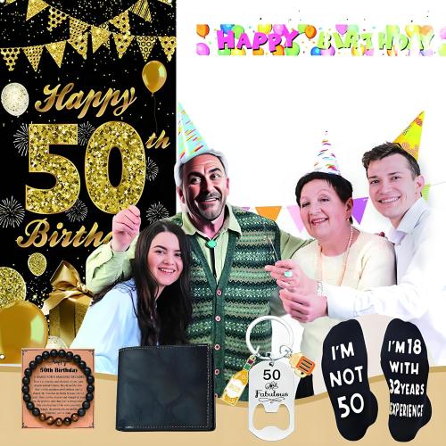 50th Birthday Gifts for Men, 4pcs Birthday Gift Set With Party Supply Packs,50th Present for Grandpa, Dad, Brother, Husband
