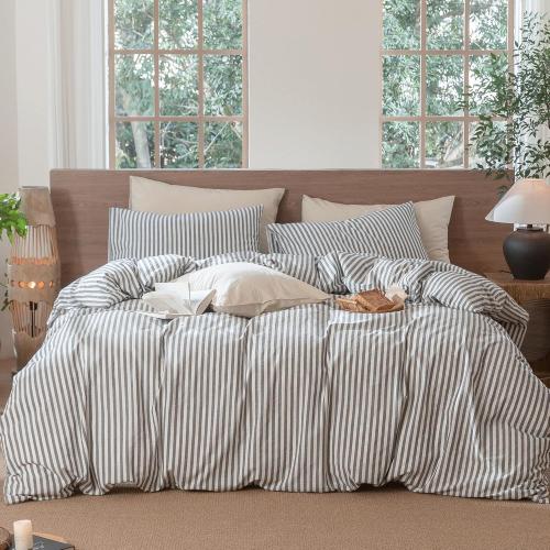 Striped Comforter Washed Cotton Linen Breathable Durable Soft Comfy (Gray and white striped ?(Full 80x90)