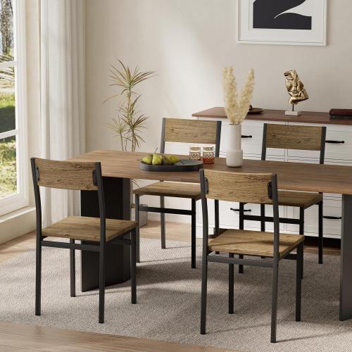 Set of 4 Color Brown Dining Chairs Set of 4, Rustic Wood Dining Room Chairs with Metal Steel Frame & Slat Back, Modern Farmhouse Chair for Kitchen, Living Room