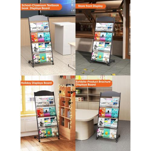 Black Baoz Magazine Rack Floor-Standing 4-Layer, Brochure Display Stand, Detachable Magazine Display with Wheels, High-hardness Metal Magazine Holder for Exhibitions, Office, Shopping Malls
