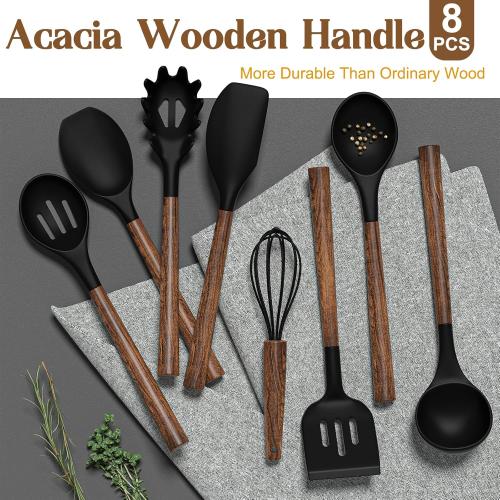 Silicone Cooking Utensil Set, Umite Chef 8-Piece Kitchen Utensils Set with Natural Acacia Wooden Handles,Food-Grade-Silicone Kitchen Gadgets Spatulas Set for Nonstick Cookware- Black ( 1 missing)