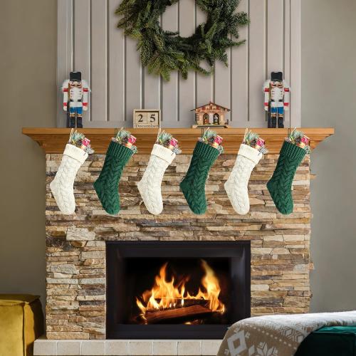 14 Green and Ivory Knit Christmas Stockings,6 Pack