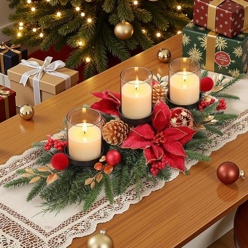 Alupssuc 28 Christmas Centerpiece with 3 Candle Holders Trays,Dining Table Decoration with Baubles, Pine Cones, Red Berries, Spruce Branches, Flower for Indoor Home Party Table Holiday Decor, 2 Pcs