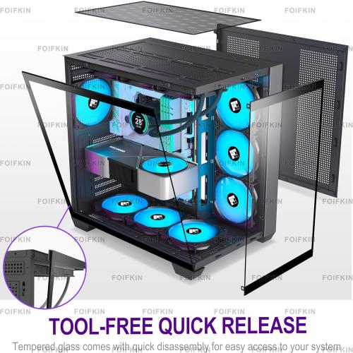FOIFKIN F600 PC Case - Pre-Installed 7 PWM ARGB Fan, ATX Mid-Tower Gaming PC Case, 270° Panoramic Glass with Type-C, FOIFKIN (Black, F600)