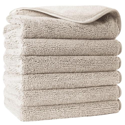 POLYTE Premium Lint Free Microfiber Washcloth Face Towel, 13 x 13 in, Set of 6 (Beige)