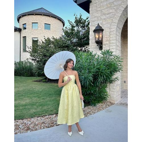 Jacquard Satin Prom Dresses Tea Length Sleeveless Tube Top Strapless Formal Evening Party Gowns