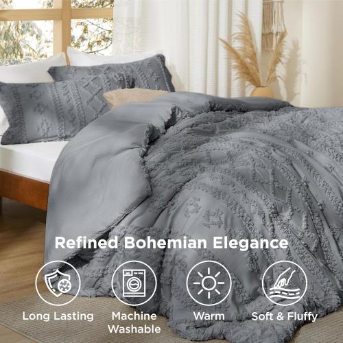 Bedsure Tufted Boho Comforter Grey Boho Bed  GentleSoft Farmhouse-Style Embroidery Bedding, Gifts for Woman, Soft Jacquard Comforter for All Seasons
