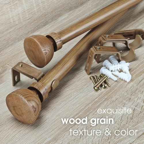 Faux Wood Style Curtain Rod Set with Wood Grain Round Finial, 36-72 inch, Standard Single Drapery Rod for 1 Pack, 1 inch diameter, Adjustable Length