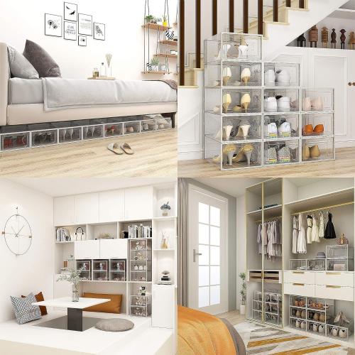 SEE SPRING 12 Pack Shoe Storage Box, Clear Plastic Stackable Shoe Organizer for Closet, Space Saving Foldable Shoe Rack Sneaker Container Bin Holder