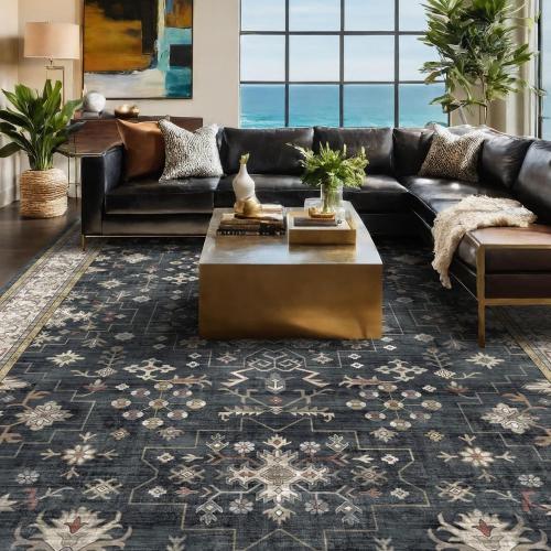 Size large Black Farmhouse Washable Area Rugs for Living Room, Bedroom, Dining Room Kitchen Table Rug for Under Table, Office, Dark Charcoal Tumble Stain Resistant Non-Slip Large Washable