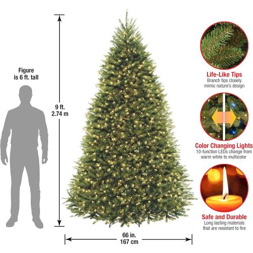 National Tree Company 9 ft Pre-Lit Dunhill Fir Artificial Christmas Tree, 900 LED Lights, 4,026 Tips, Foot Pedal, 10 Light Functions, Includes Stand, Green