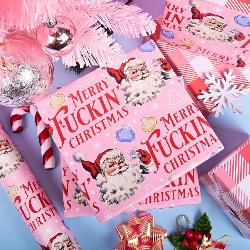 Altarho Funny Christmas Wrapping Paper Roll for Adult Women Men Husband - Pink Inappropriate Christmas Santa and Retro Buffalo Plaid Design Naughty Xmas Gift Wrap for Birthday Winter Holiday Decoration Total 28.5sq.ft