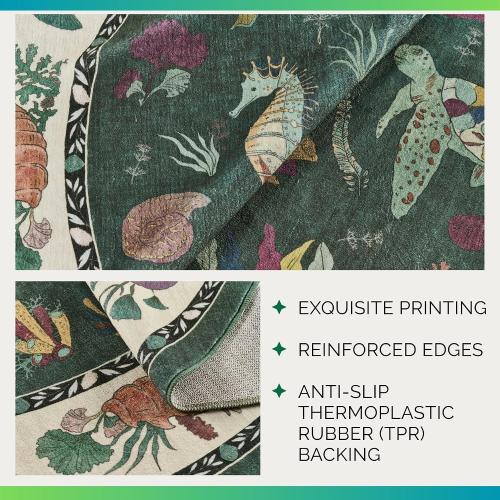 Soft Marine Animal Washable Faux Wool Stain Resistant Runner Rubber Non-Slip Backing for Playroom Bathroom Living Room Bedroom Bedside Beachy Cute Coastal Nautical Nursery Rug (Emerald, 5' x 7')