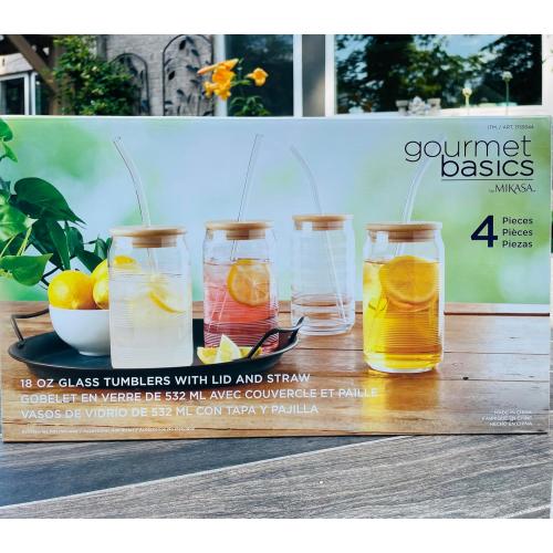 Mikasa Set of 4 Glass Tumbers with Bamboo Lid and Straws for iced tea, iced coffee, cocktail drinks, juices and beverages