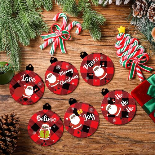 36 Pieces Black Santa African American Christmas Tree Wood Ornaments - Farmhouse Round Hanging Wishes Crafts - Buffalo Plaid Ornament for Holiday Party Wedding