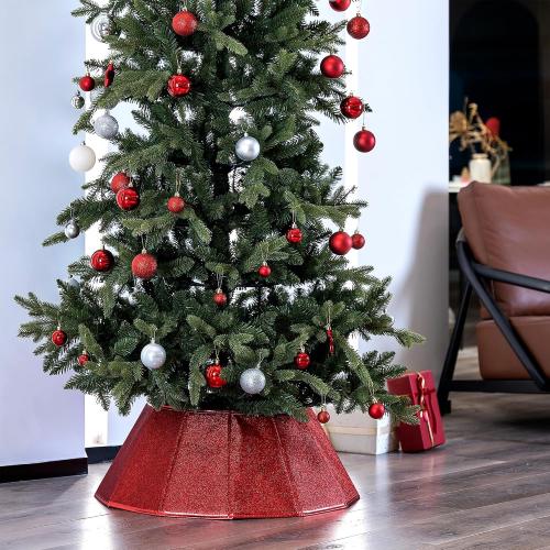 Fabric Christmas Tree Collar, Glittering Tree Ring, Willow Tree Skirt for Christmas Decorations (Glitter Red)