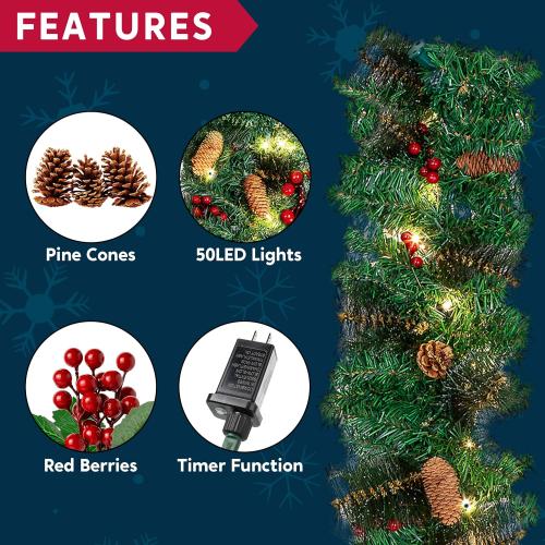 Joiedomi 9FT Christmas Garland Prelit with 50 Count String Lights, Bristle, Pine Cones, Holly Berries for Outdoor & Indoor Winter Christmas and Holidays Decorations, Plug in Lighted Pine Garland