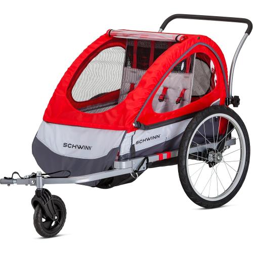 Schwinn Trailblazer Double Child Bike Trailer, Max of 2 Children with Total Weight of 80 lbs., Canopy, 20-Inch Air-Filled Tires, Red
