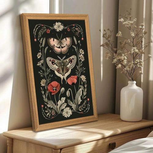 Vintage Framed Wall Art - 3D Textured Classical Style Moth Pictures Wall Decor - Hand Drawn Flowers Nature Art Painting for Living Room Bedroom Home Decor 24x36in