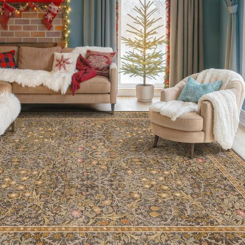 Washable Dining Room Rugs for Under Table - 6x9 Brown Oriental Area Rug for Living Room, Low Pile Non-Slip Floor Carpet for Bedroom Under Bed - Vintage Design & Stain Resistance