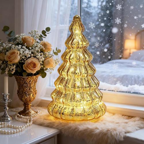 Christmas Decor lamp,Mercury Glass Christmas Tree Lights with Timer,Lighted Glass Tabletop Christmas Tree, Battery Operated Night Lights for Christmas, New Year Ceremony Decoration H: 8.2 (Gold)