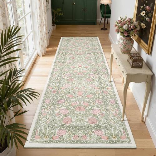 GarveeHome Pink Green Beige Floral 2x6 Kitchen Runner Rug for Hallways