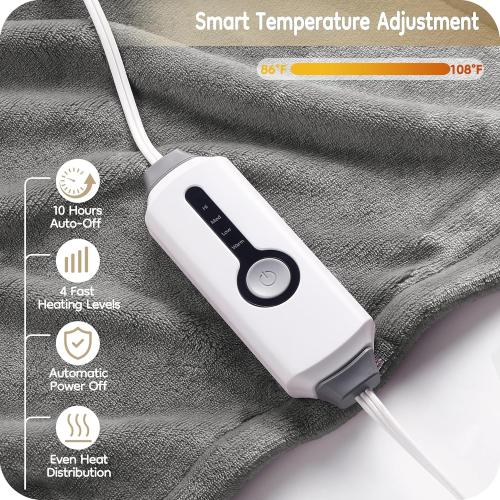 LaffyLo Electric Heated Blanket Full Size 72 x 84, Ultra Soft Flannel Heating Blanket with 4 Heat Settings, 10-Hour Auto Shutoff, ETL Listed Overheat Protection, Machine Washable, Light Grey