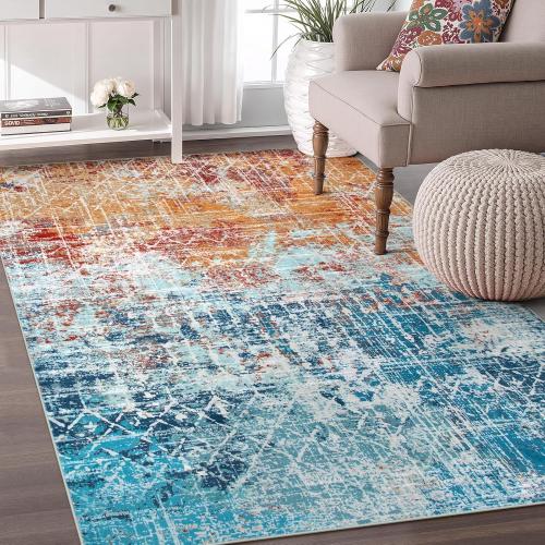Orange and Teal Abstract Washable Living Room Rug, Large Teal Orange Carpet for Bedroom, Boho Dining Room Rug Non Slip, Modern Moroccan Throw Carpet for Girls Room Playroom Office (Orange/Teal)