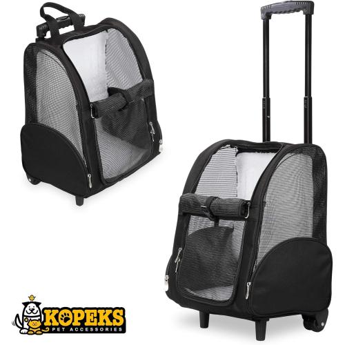 Color Black KOPEKS Deluxe Backpack Pet Travel Carrier with Double Wheels for Pets up to 10 Pounds - Black - Approved by Most Airlines
