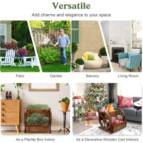 Wooden Wagon Planter Box, Garden Planter with Wheels,Decorative Planter for Flowers Herbs Vegetables for Indoor & Outdoor Décor, Flower Cart for Patio Garden Balcony