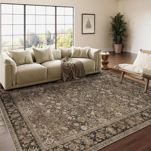 8x10 Machine Washable Rugs Brown Hallway Large Area Rug Indoor Accent Rug Floral Low Pile Carpet Soft Throw Aesthetic Rug Bedroom Living Room Office Dining Room Kitchen Laundry Room