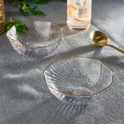 PLASTICPRO 19 Pack Elegant Plastic Plates 14 ounce Bowls Clear with Gold Rim Spiral Design Disposable Plastic Dinner Bowls