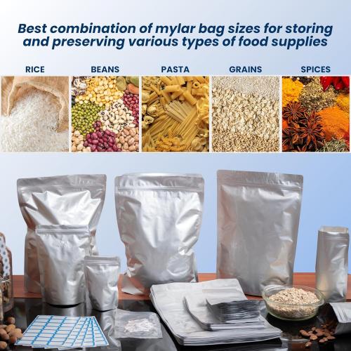 110 Pack Mylar Bags with Oxygen Absorbers - 10Mil Thick Mylar Bags For Food Storage and 400cc Oxygen Absorber, Variety Large Gallon, Quart, 1/2 Pint, Heat & Vacuum Zip Seal Food Bag