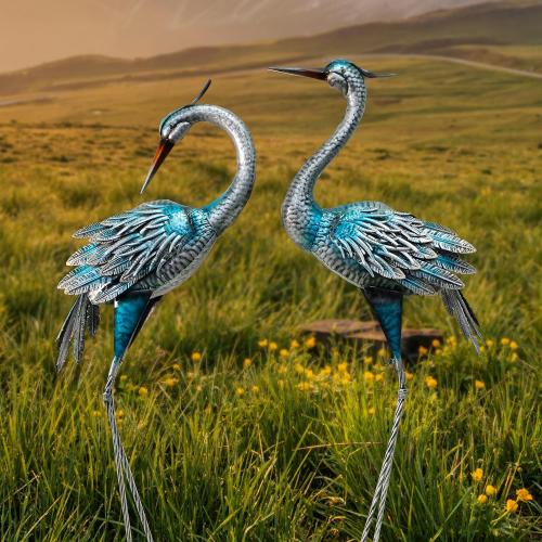 Outdoor Crane Garden Statues, Blue Heron Garden Statues | Large Metal Cranes for Yard, Lawn, Patio, Pond, Set of 2