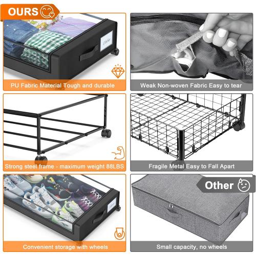 Under Bed Storage with Wheels, 2-Pack Under Bed Storage Containers with Clear Lids, XXL 60L Under the bed storage Organizer Bins, Rolling Under Bed Metal Drawer for Clothes,Shoes,Toys (Black, 2 Pack)