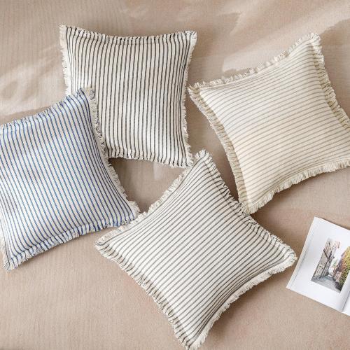 MIULEE Pack of 2 Khaki Pillow Covers 18x18 Inch Striped Farmhouse Couch Throw Pillow Covers with Fringe Chic Linen Decorative Cushion Covers for Sofa Living Room Bed Outdoor Home Decor