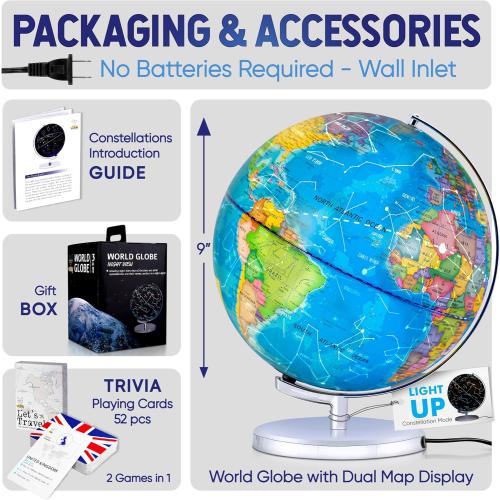 SMART WALLABY 9 Illuminated Educational Kids World Globe   STEM Flags & Countries Interactive Card Game. 3 in 1 Children Desktop Spinning Earth Political & Constellation Maps, LED Night Light Lamp