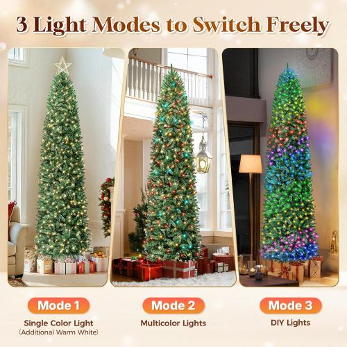 HOLLO STAR 9 ft Prelit Christmas Tree with 546 LED Lights, App Control, Artificial Pencil Christmas Tree with Multi-Color RGBW Lights, 1290 Branch Tips, Skinny Xmas Tree, Metal Base, for Home, Party