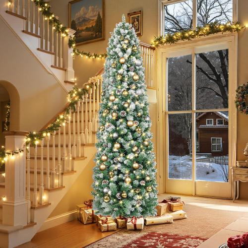 HOLLO STAR 7.5 ft Prelit Christmas Tree with 304 LED Lights, App Control, Slim Pencil Christmas Tree, Multi-Color RGBW Lights, 950 Flocked Frosted Tips, Xmas Tree, 72 Pine Cones, for Home, Party