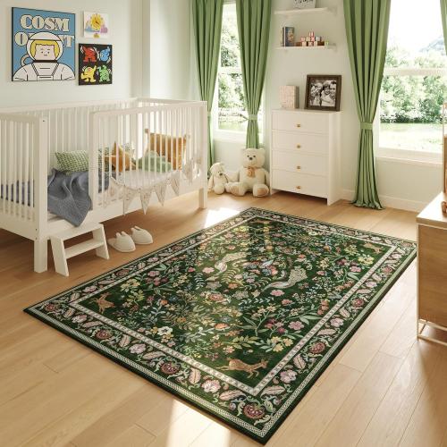 Living Room Rug 5x7 Rug Machine Washable Area Rug Floral Non-Slip Low Pile Large Rugs for Living Room, Bedroom, Farmhouse, Dining Room, Kids Playroom (Emerald Green)