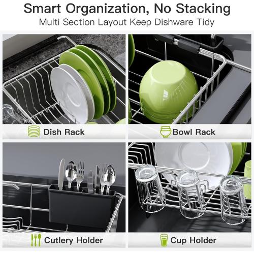 JASIWAY Dish Drying Rack in Sink, Expandable Stainless Steel Dish Drainers for Kitchen Counter, Dish Dryer Rack for Inside Sink, Over The Sink Dish Racks with Utensil Holder, Silver