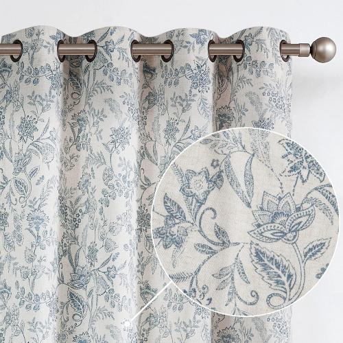 Lazzzy Linen Farmhouse Curtains for Living Room 84 Inch Length Floral Print Window Curtains Semi Sheer Drapes for Bedroom Country Light Filtering Curtain Grommet Top 2 Panels Blue on Beige