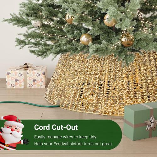 ELYKEN 28 Inch Christmas Tree Collar, Gold Woven Xmas Tree Skirt for 7.5 ft Trees, Stylish Tree Base Cover with Cord Cut-Out, Round Tree Ring for for Pencil Trees, Easy Assembly