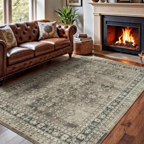 Area Rugs for Living Room, Machine Washable Non Slip Rug, Soft Low Pile Carpet for Bedroom Dining Home Office, Vintage Brown Distressed Floral Floor Mat