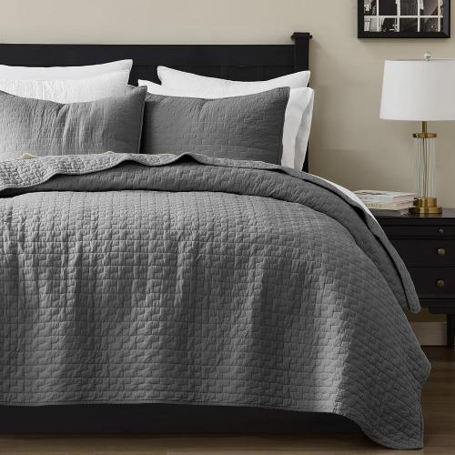 palassio Dark Grey 100% Cotton Quilt Queen Size Bedding Sets with 2 Pillow Shams, Textured Lightweight Soft Bedspread Shabby Chic Coverlet, Quilted Comforter Bed Cover for All Season, 3 Pieces