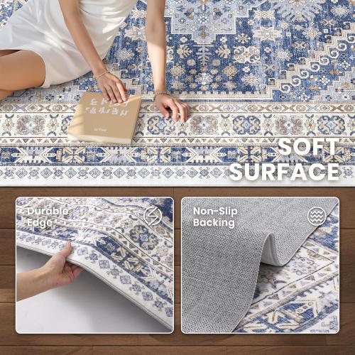 zesthome 12x15 Area Rugs, Large Washable Rug, Ultra-Thin Stain Resistant Rugs for Living Room, Bedroom, Non-Slip Backing Home Decor Area Rug (Blue/Beige,12'x15')