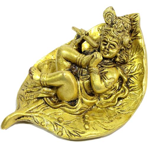 eSplanade - Baby Krishna Gopal Gopala on Leaf Idol Murti Statue Sculpture - Brass