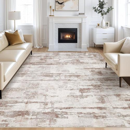 Abstract Living Room Rug 9x12 - Modern Washable Soft Thin Area Rug for Living Room Bedroom Under Dining Table - Neutral Indoor Floor Rug Carpets for Home Office Playroom Nursery - Light Brown