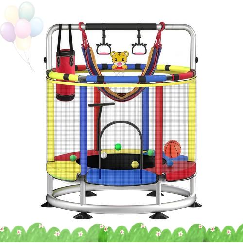 Trampoline for Kids with Enclosure, 440lbs Capacity Indoor & Outdoor Toddler Trampoline with Adjustable Gymnastics Bar & Toys, Gifts for Boys & Girls