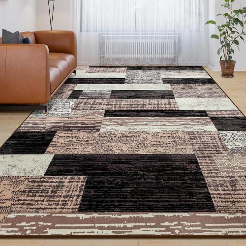 Large Area Rugs,Modern Geometric Patchwork Floor Decor for Bedroom Aesthetic Carpet, Rockwood Collection, Indoor Rugs for Living Room Dining Room Nursery Office Machine Washable Rug, Chocolate